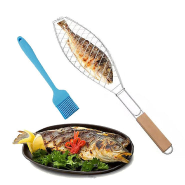 Fish Barbeque Grill, Chromium Plated Iron, Folding Portable BBQ Grill for Fish, Vegetables, Shrimp with Removable Heat Resistant Wooden Handle