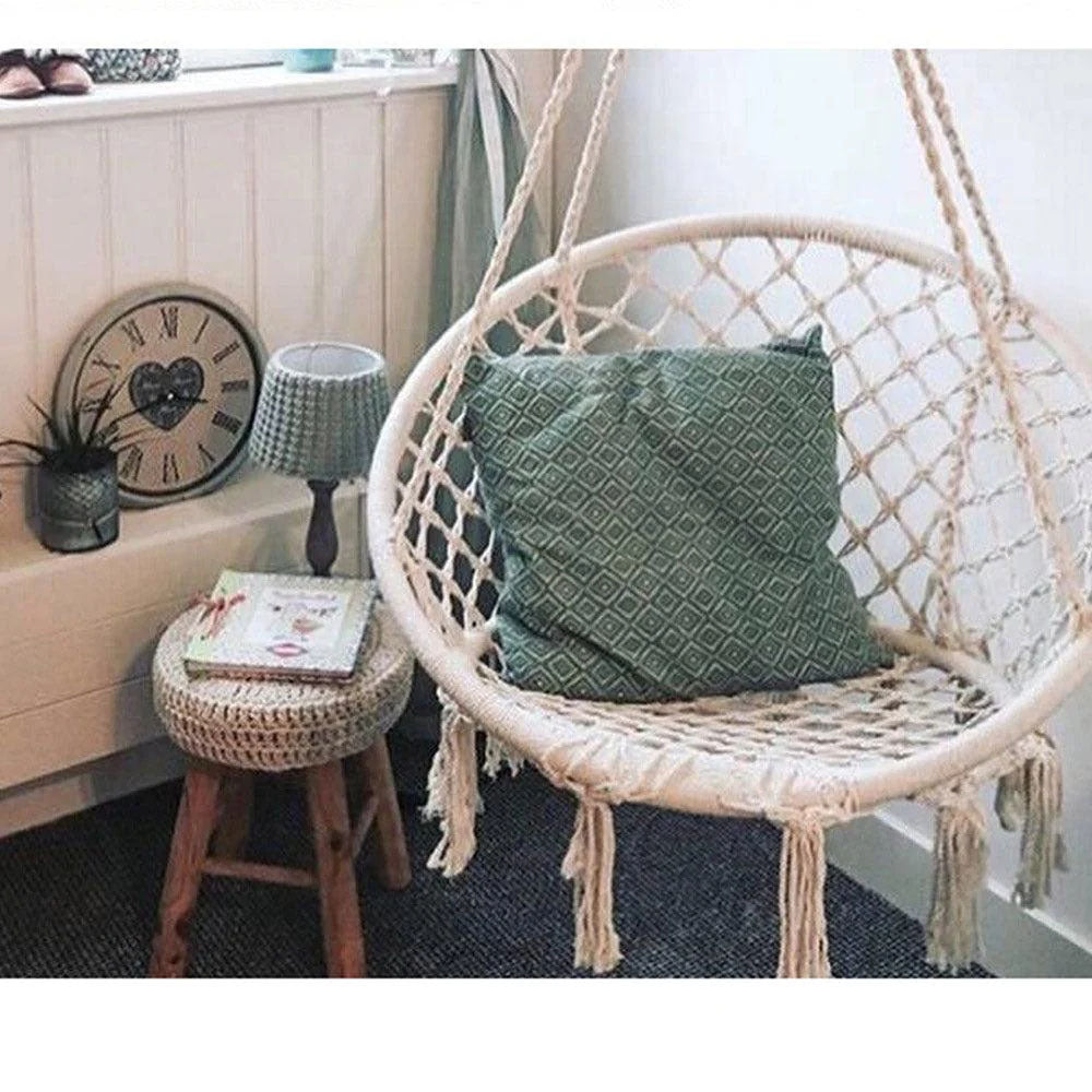 (NET) Swing Chair Hammock-Rope Garden-Seat Hanging Beige Safety Nordic