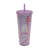 (NET) Plastic Double Wall Crystal Tumbler With Straw And Lid 750 ML