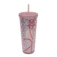 (NET) Plastic Double Wall Crystal Tumbler With Straw And Lid 750 ML
