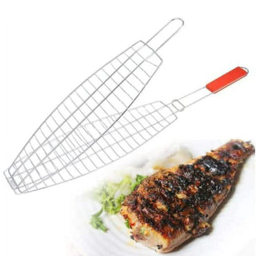 (Net) Fish Barbeque Grill, Chromium Plated Iron, Folding Portable BBQ Grill for Fish, Vegetables, Shrimp with Removable Heat Resistant Wooden Handle
