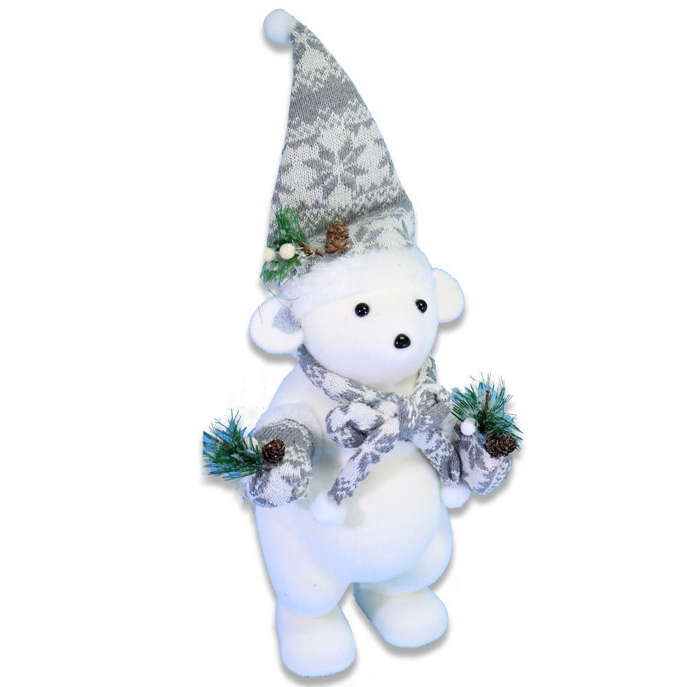 Christmas Standing White Bear With Grey Hat & Scarf.
