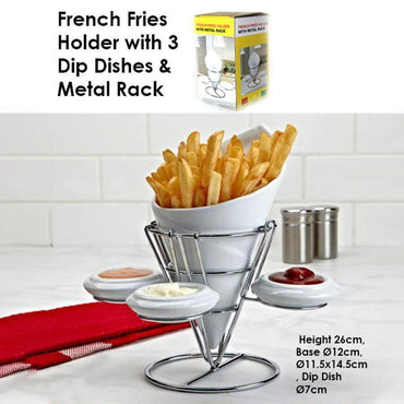 French Fries Holder with 3 Dip Dishes & Metal Rack.