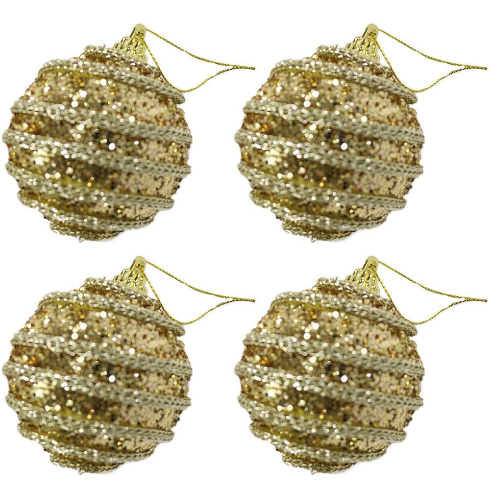 Christmas Striped Glittered Gold 6cm Balls Tree Decoration Set (4 Pcs) - Karout Online -Karout Online Shopping In lebanon - Karout Express Delivery 