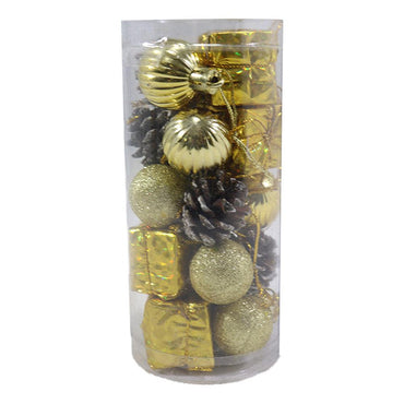 Shop Online Christmas Gold 3 cm Mix Balls Gifts and Pine Set (24 pcs in a pack) / Q-934G- Karout Online Shopping In lebanon
