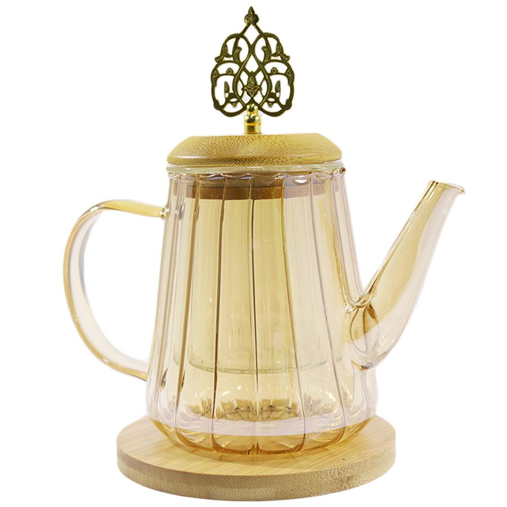 Pyrex Glass Golden Teapot With Infuser And Wood Trivet / large - Karout Online -Karout Online Shopping In lebanon - Karout Express Delivery 