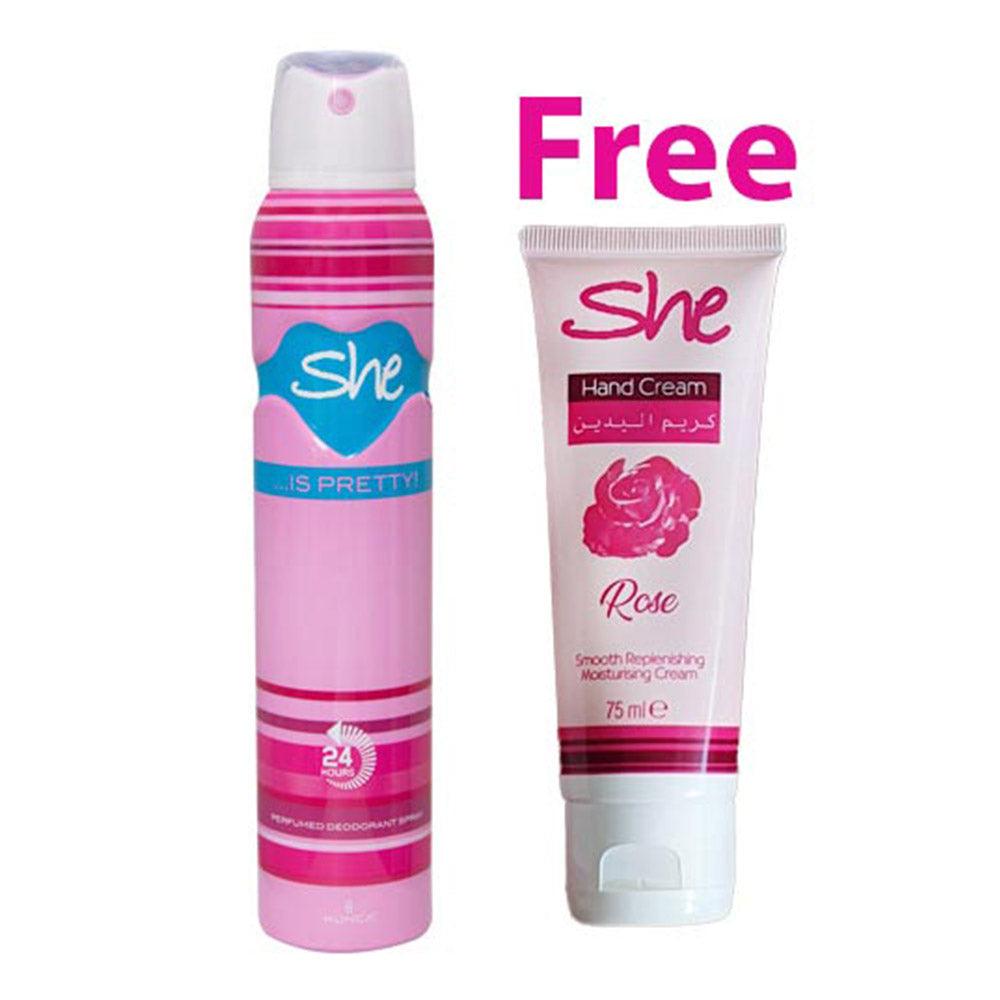She Deodorant 200ml Pretty Plus Hand Cream Rose 75ml Free / SHE-238 - Karout Online -Karout Online Shopping In lebanon - Karout Express Delivery 