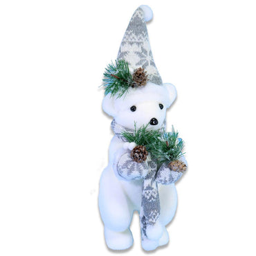Christmas Standing White Bear With Grey Hat & Scarf.