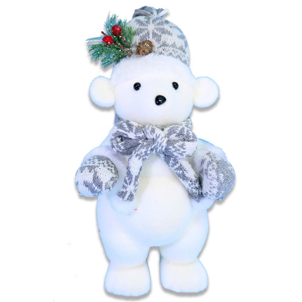 Christmas Standing White Bear With Grey Hat & Scarf.