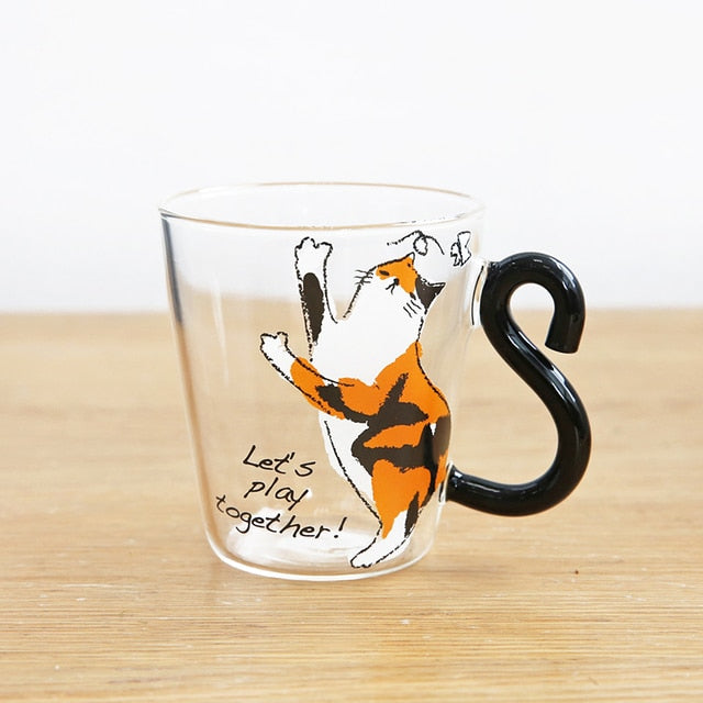 **(NET)**Glass Water Cup Creative Cute Cat Mug Tail Handle / KC22-251