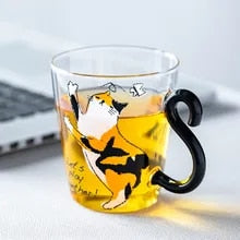 **(NET)**Glass Water Cup Creative Cute Cat Mug Tail Handle / KC22-251