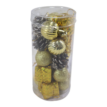 Shop Online Christmas Gold 3 cm Mix Balls Gifts and Pine Set (24 pcs in a pack) / Q-934G- Karout Online Shopping In lebanon