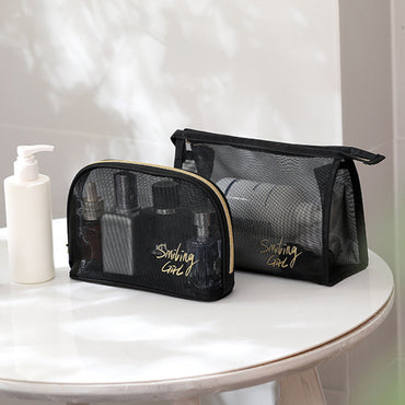 **(NET)**Cosmetic Bag Transparent Mesh Easy to Carry Zipper Black Convenient Storage Polyester  Toiletry Bag for Travel / KC22-227