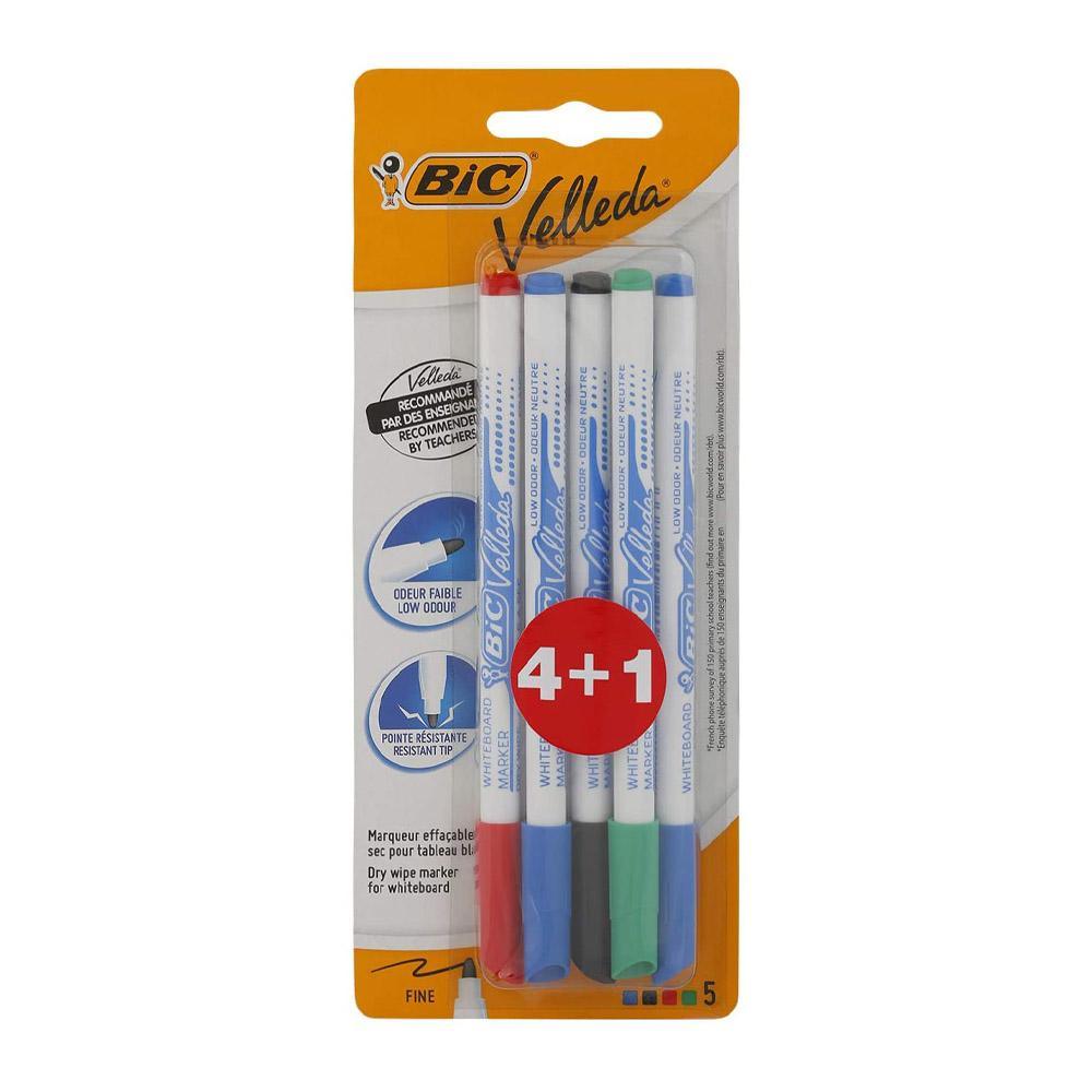 BIC Velleda Whiteboard Pens - Assorted Colours, Pack of 4+1.