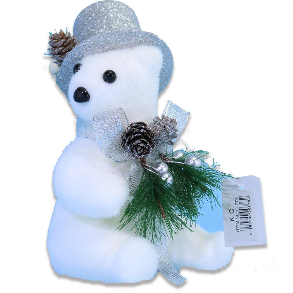 Christmas Sitting White Bear With Silver Glitter Hat.