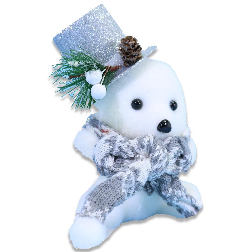Christmas Sitting White Bear With Silver Glitter Hat.