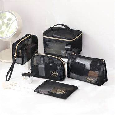 **(NET)**Cosmetic Bag Transparent Mesh Easy to Carry Zipper Black Convenient Storage Polyester  Toiletry Bag for Travel / KC22-228