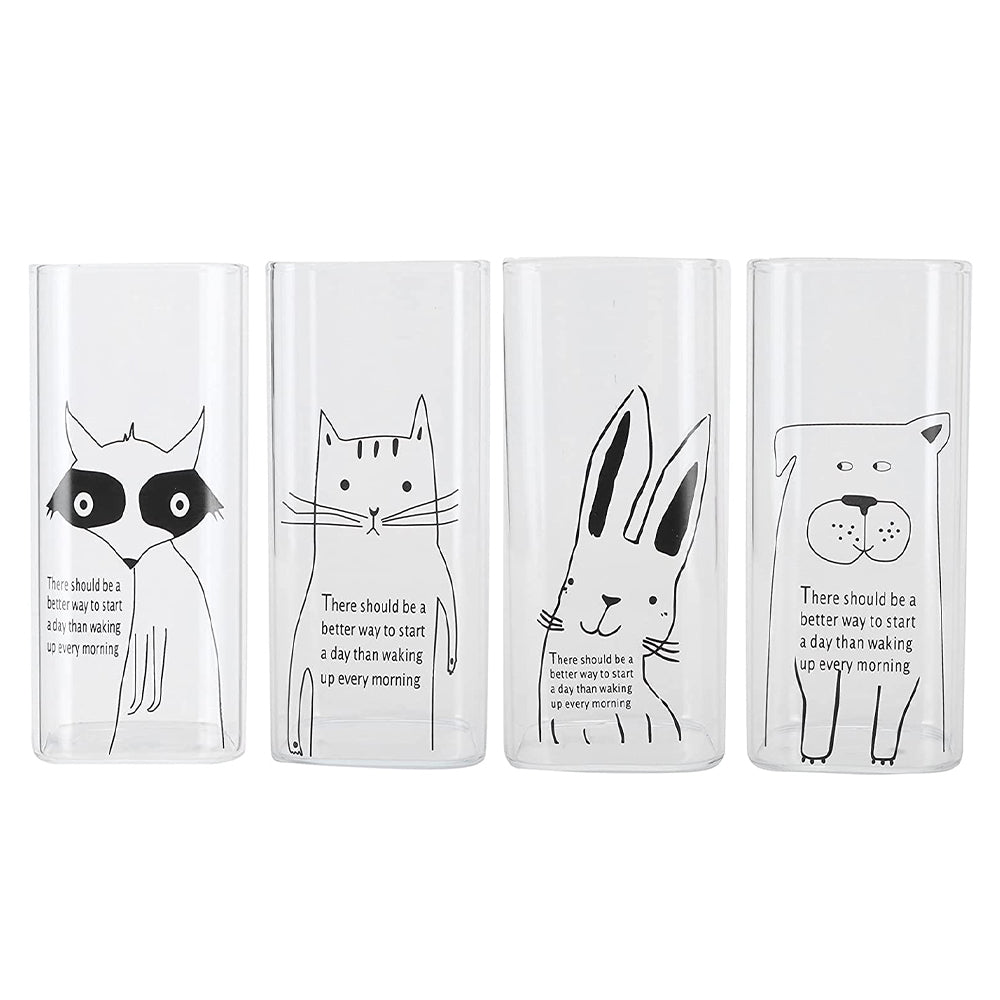 **NET**Clear Square Tall Glass Drinkware Cup Printed Cute Animal Pattern 400ml / 9961409446046