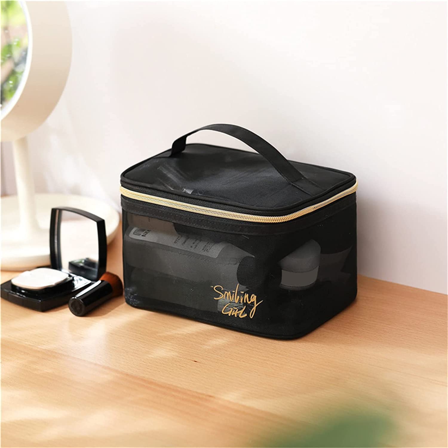 **(NET)**Cosmetic Bag Transparent Mesh Easy to Carry Zipper Black Convenient Storage Polyester Large Capacity Toiletry Bag for Travel