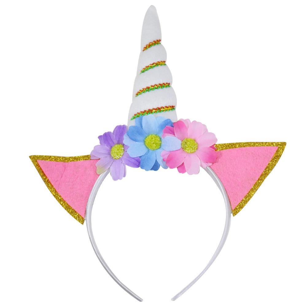 White Unicorn With Flowers Hair Band /q-551 Birthday & Party Supplies