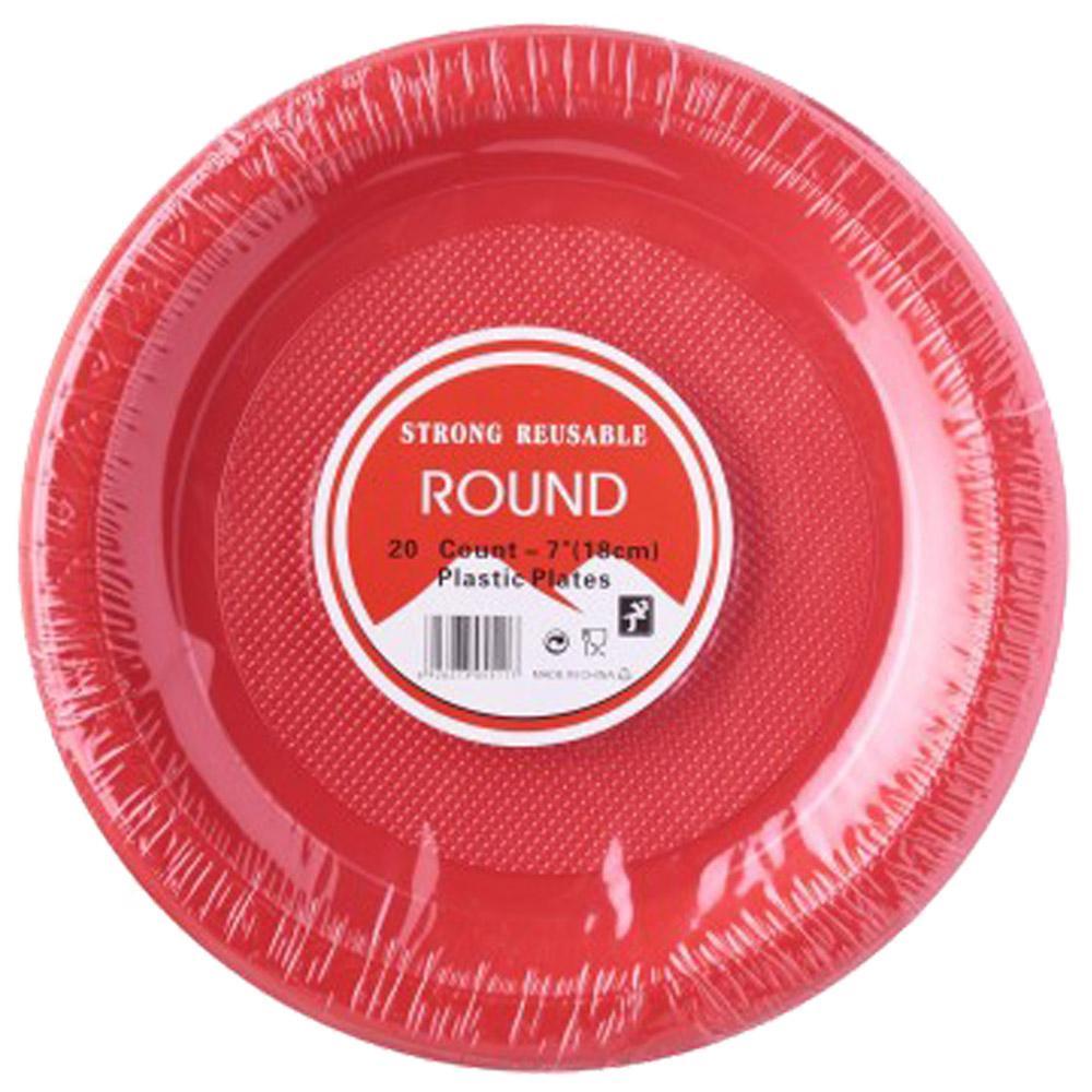 Strong Round Plastic Plates (20 Pcs) / H-912 Red Cleaning & Household