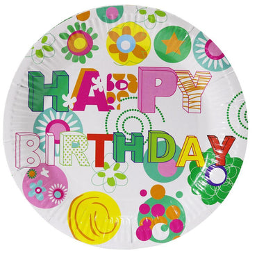 Party- Paper Plates 23 Cm (10 Pcs) E-99 Flower Happybirthday Birthday & Party Supplies
