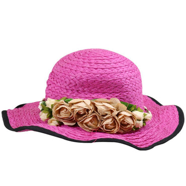 Foldable Wide Brim Women Hat With Flowers Fuchsia Summer
