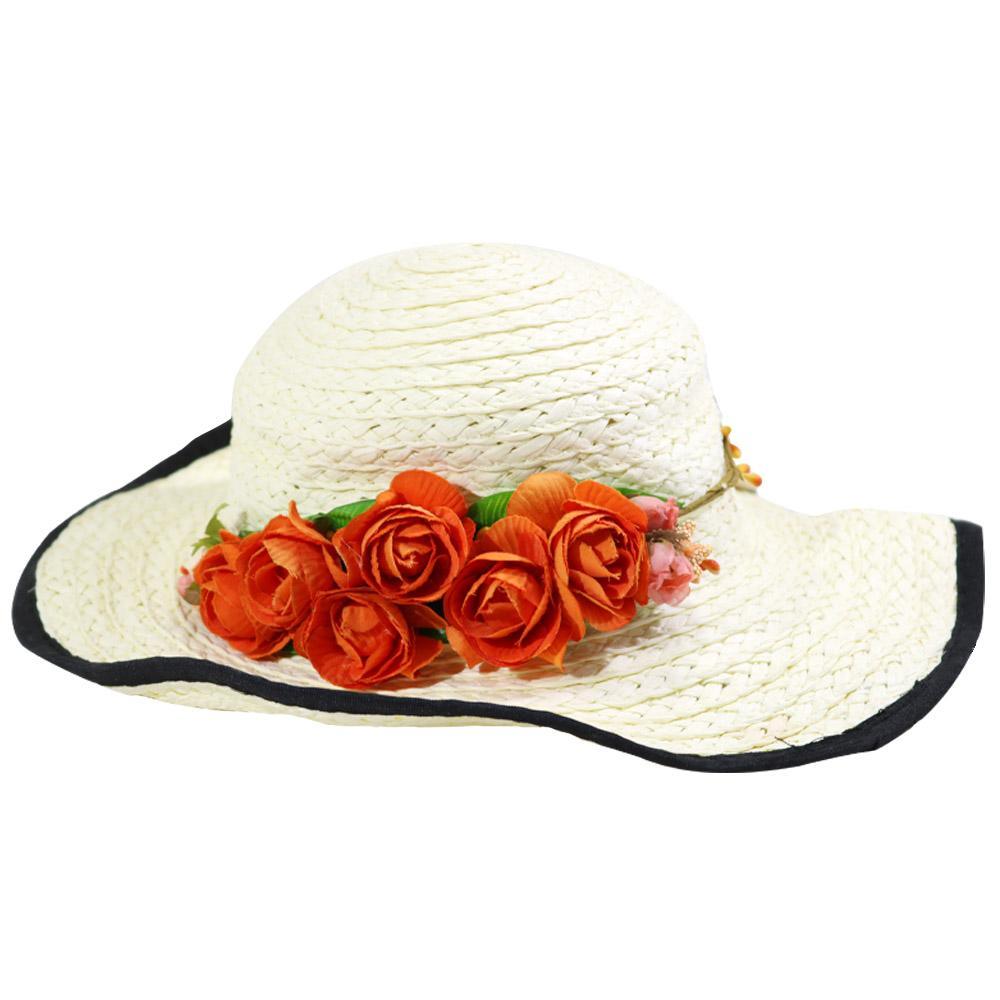 Foldable Wide Brim Women Hat With Flowers Off White Summer