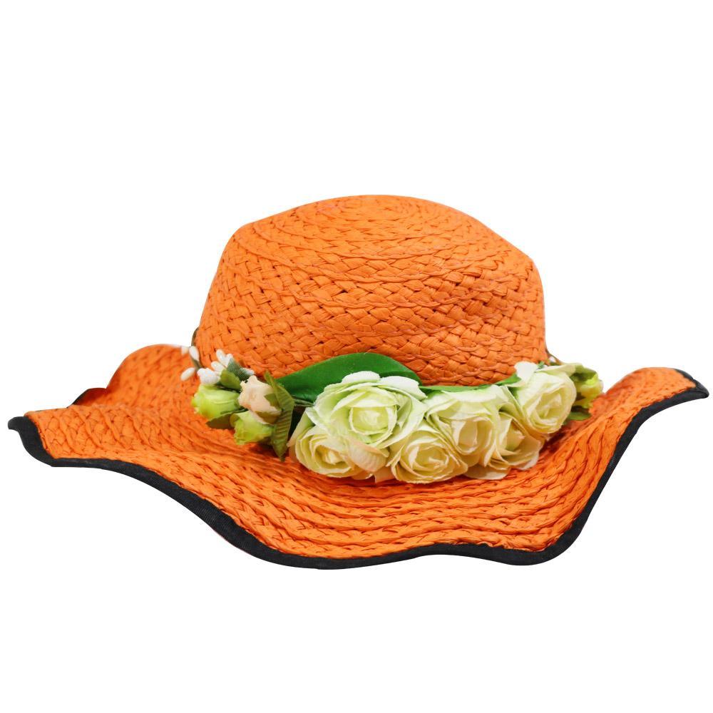 Foldable Wide Brim Women Hat With Flowers Orange Summer