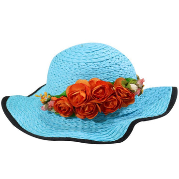 Foldable Wide Brim Women Hat With Flowers Blue Summer