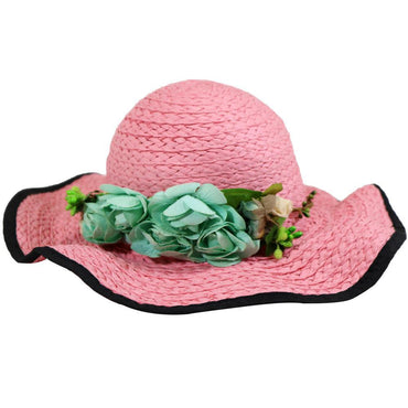 Foldable Wide Brim Women Hat With Flowers Pink Summer