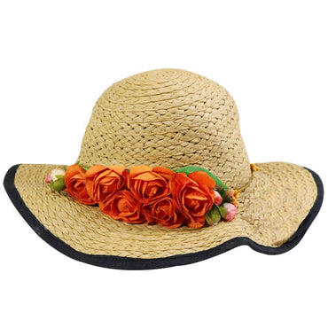 Foldable Wide Brim Women Hat With Flowers Nude Summer