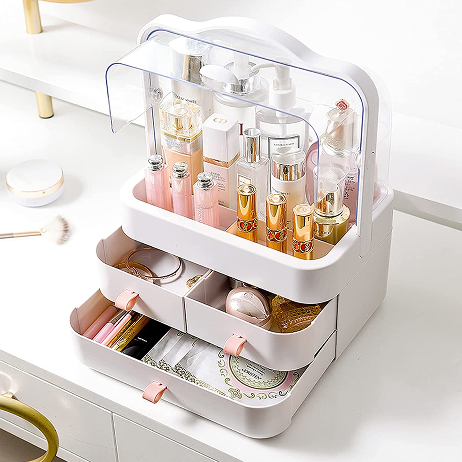 (Net) Cosmetic Organizer Make Up  Dustproof Beauty Storage Box  with Lid and Carry Handle / LD-288 / 31357