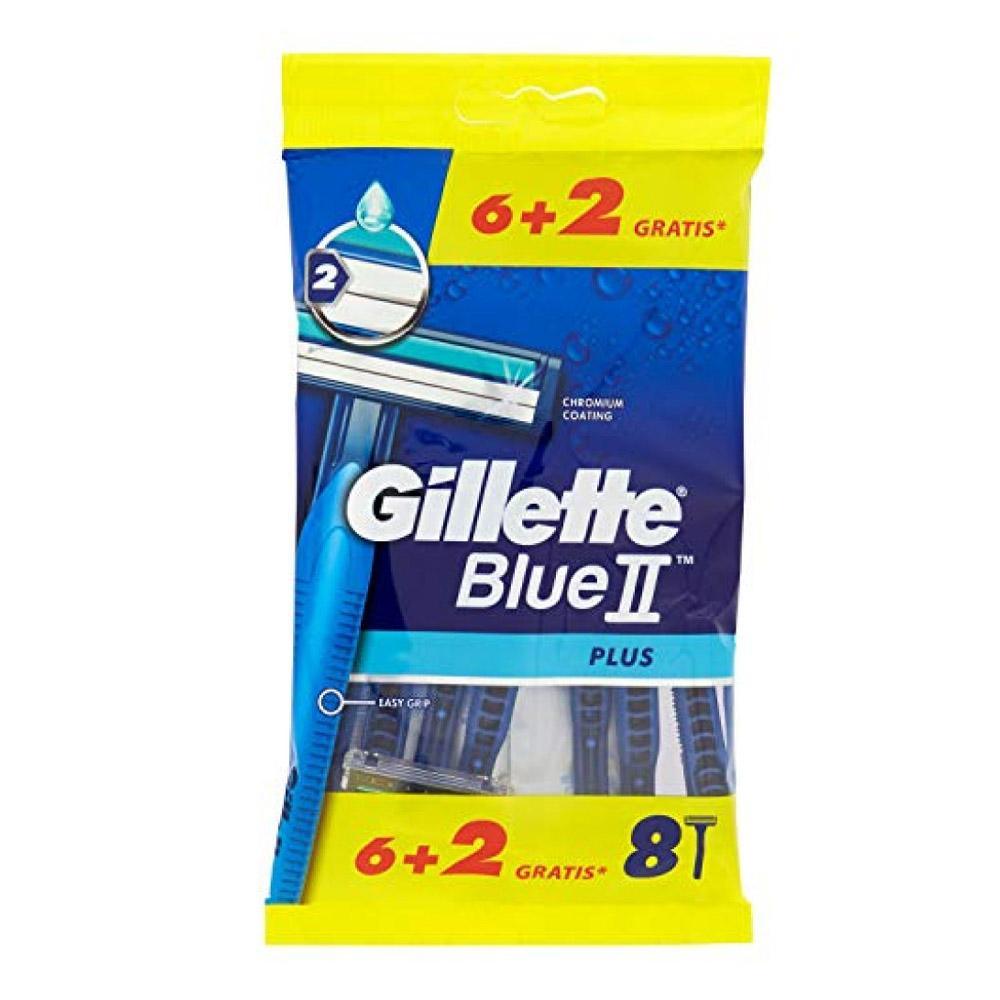 Gillette Blue II Plus Razors And Disposable Double Blade - 8 Pieces - Easy Grip.