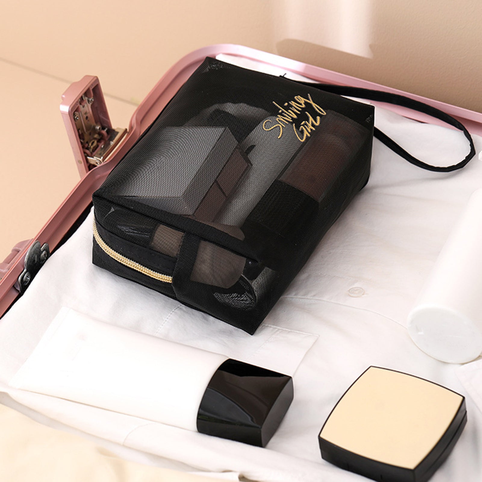 **(NET)**Cosmetic Bag Transparent Mesh Easy to Carry Zipper Black Convenient Storage Polyester  Toiletry Bag for Travel / KC22-226