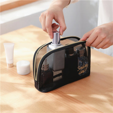 **(NET)**Cosmetic Bag Transparent Mesh Easy to Carry Zipper Black Convenient Storage Polyester  Toiletry Bag for Travel / KC22-225