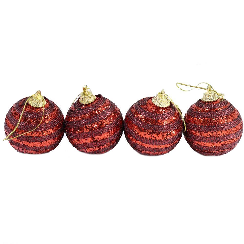 Christmas Striped Red Balls 6 cm Tree Decoration Set (4 Pcs) - Karout Online -Karout Online Shopping In lebanon - Karout Express Delivery 