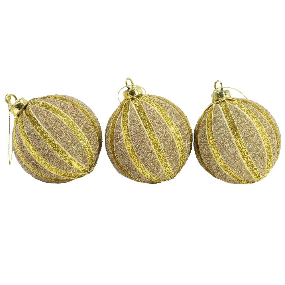 Christmas Gold Striped 8 cm Balls Tree Decoration Set (3 Pcs) - Karout Online -Karout Online Shopping In lebanon - Karout Express Delivery 