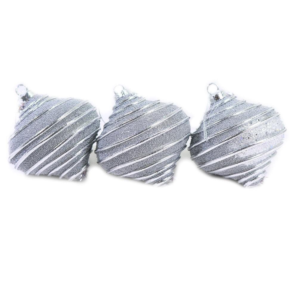 Christmas Oval Silver Striped Balls Tree Decoration Set (3 Pcs) - Karout Online -Karout Online Shopping In lebanon - Karout Express Delivery 