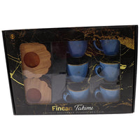 Porcelain Coffee Cups with wood Saucers Set ( 12 Pcs) - Karout Online -Karout Online Shopping In lebanon - Karout Express Delivery 