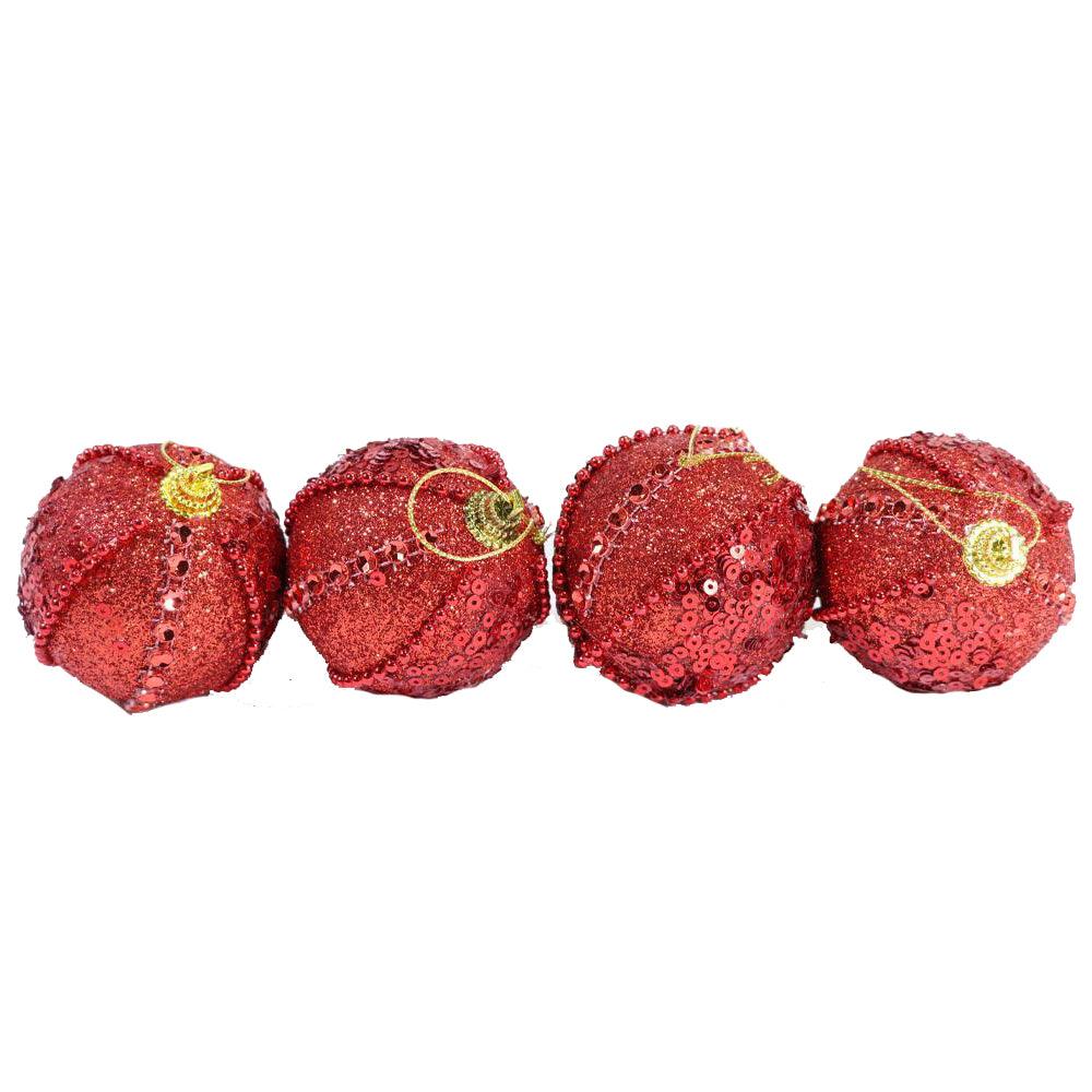 Christmas Striped Glittered Red Balls 6 cm Tree Decoration Set (4 Pcs) - Karout Online -Karout Online Shopping In lebanon - Karout Express Delivery 