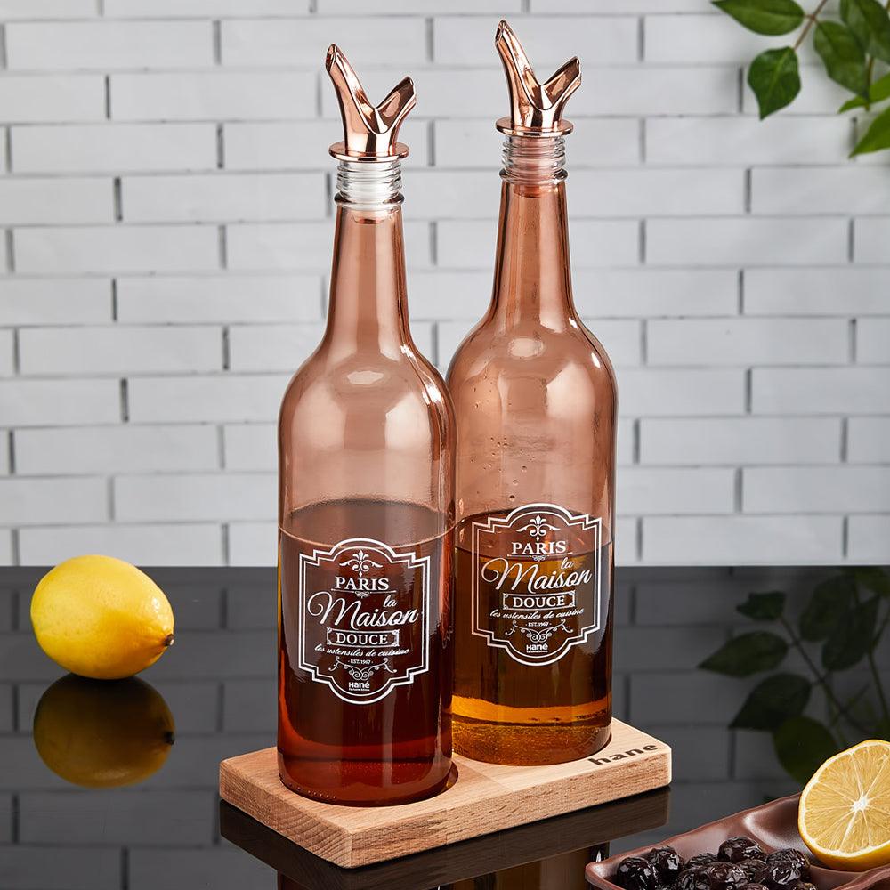 Hane Rosegold Oil Bottle Set with Wooden Stand 2 pcs - Karout Online -Karout Online Shopping In lebanon - Karout Express Delivery 
