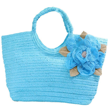 Flower Designed Straw Beach Bag Blue Summer