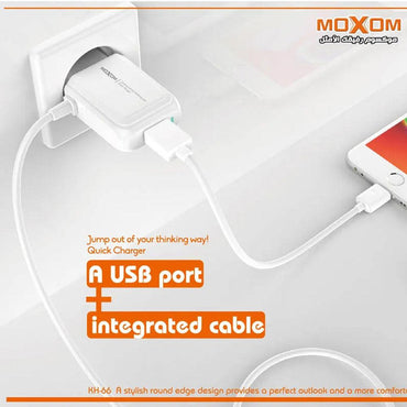 Shop Online MOXOM KH-66 CHARGER Built-in Cable with USB Fast Charging Port 2.4A High Quality MOXOM KH-66 CHARGER - Karout Online Shopping In lebanon