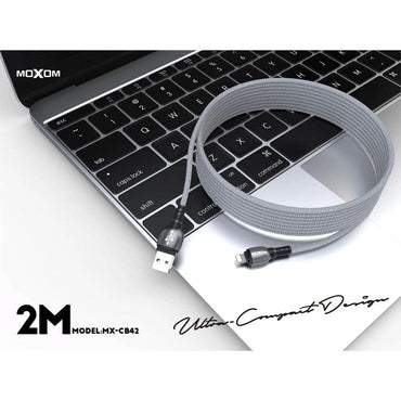 Shop Online MOXOM MX-CB42 Zinc Header (2M) QC3.0 QC4.0 Fast Charging/Data Connector Zinc Header Cloth Wire Fast Data Transfer MOXOM MX-CB42 Type-C & Lightning - Karout Online Shopping In lebanon