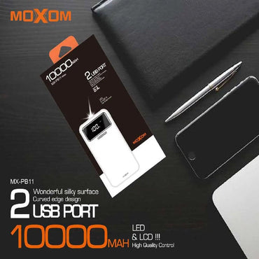 Shop Online Moxom MX-PB11 Power Bank Dual Fast Charging Port 2.4A, LCD Display and LED Light Superior Design Moxom Dual USB 2.4A Charging Port with LCD Battery Percentage Display Power Bank (10000mAh) - Karout Online Shopping In lebanon