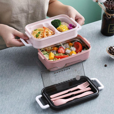 Enjoy Meal Time Lunch box Double layer Food Container Spoon Fork Chopsticks Tableware Set / JT-008 - Karout Online -Karout Online Shopping In lebanon - Karout Express Delivery 