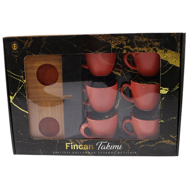 Porcelain Coffee Cups with wood Saucers Set ( 12 Pcs) - Karout Online -Karout Online Shopping In lebanon - Karout Express Delivery 