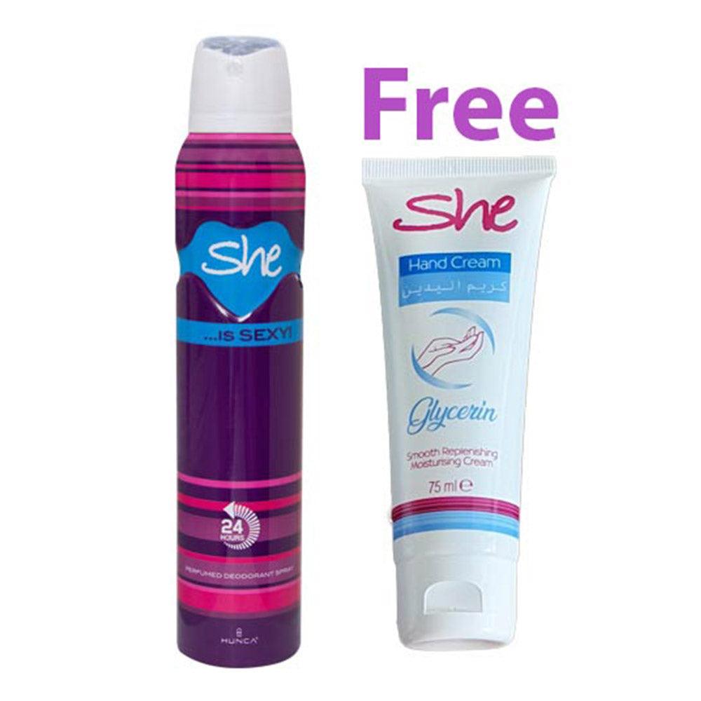 She Deodorant 200ml Sexy Plus Hand Cream Glycerin 75ml Free / SHE-235 - Karout Online -Karout Online Shopping In lebanon - Karout Express Delivery 