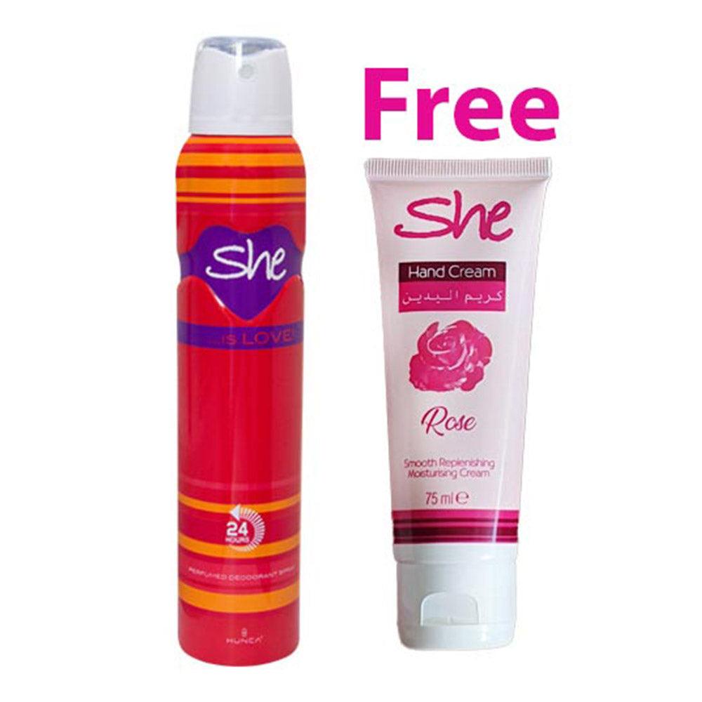 She Deodorant 200ml Love Plus Hand Cream Rose 75ml Free / SHE-242 - Karout Online -Karout Online Shopping In lebanon - Karout Express Delivery 